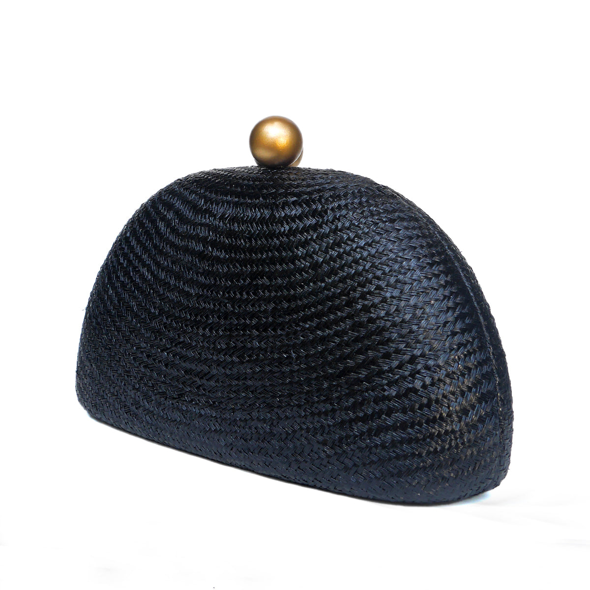 A black woven straw clutch purse with a dome-shaped design set against a plain white background.