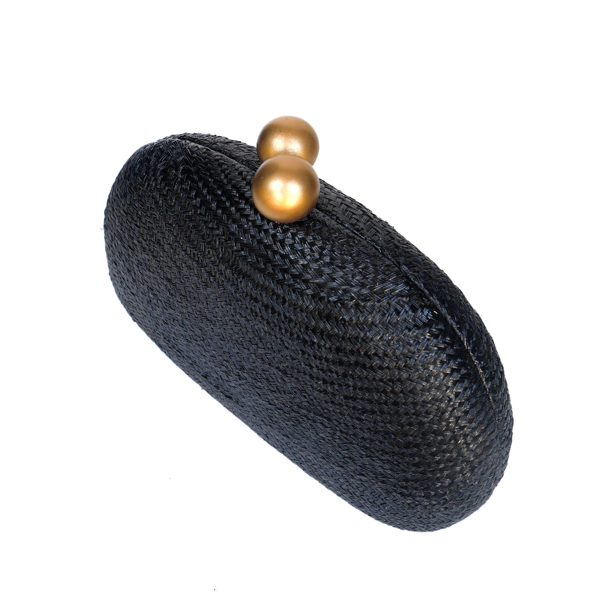 A black woven clutch purse with two gold wooden ball clasp, shown on a plain white background.