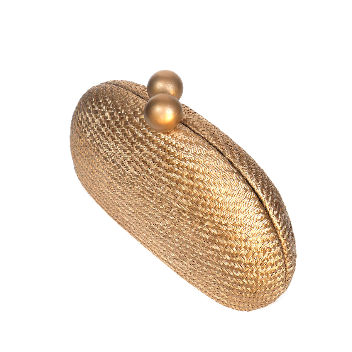 A gold woven clutch bag with a textured basketweave pattern and two gold spherical clasp accents on a plain white background.