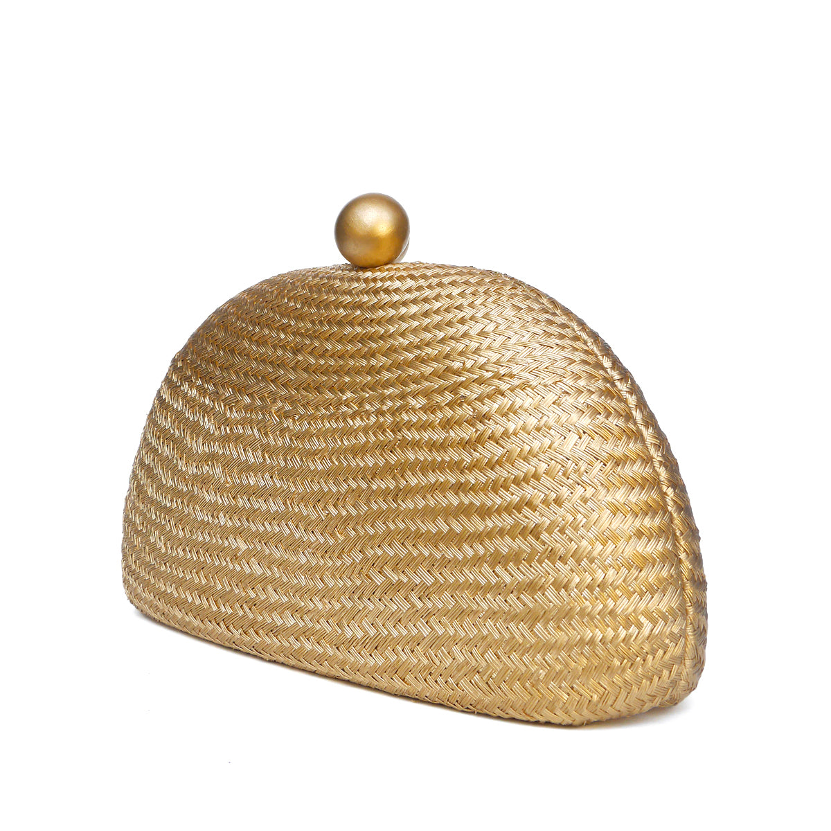 A dome-shaped woven straw clutch bag in a gold color, set against a plain white background.