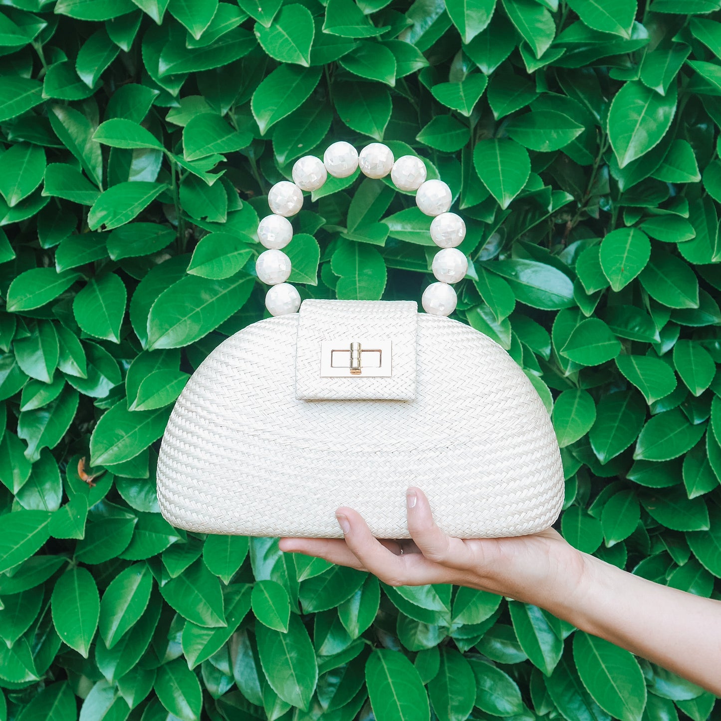 THE ORLA Cream Woven Straw & Shell Pearl Bead Statement Clutch Bag