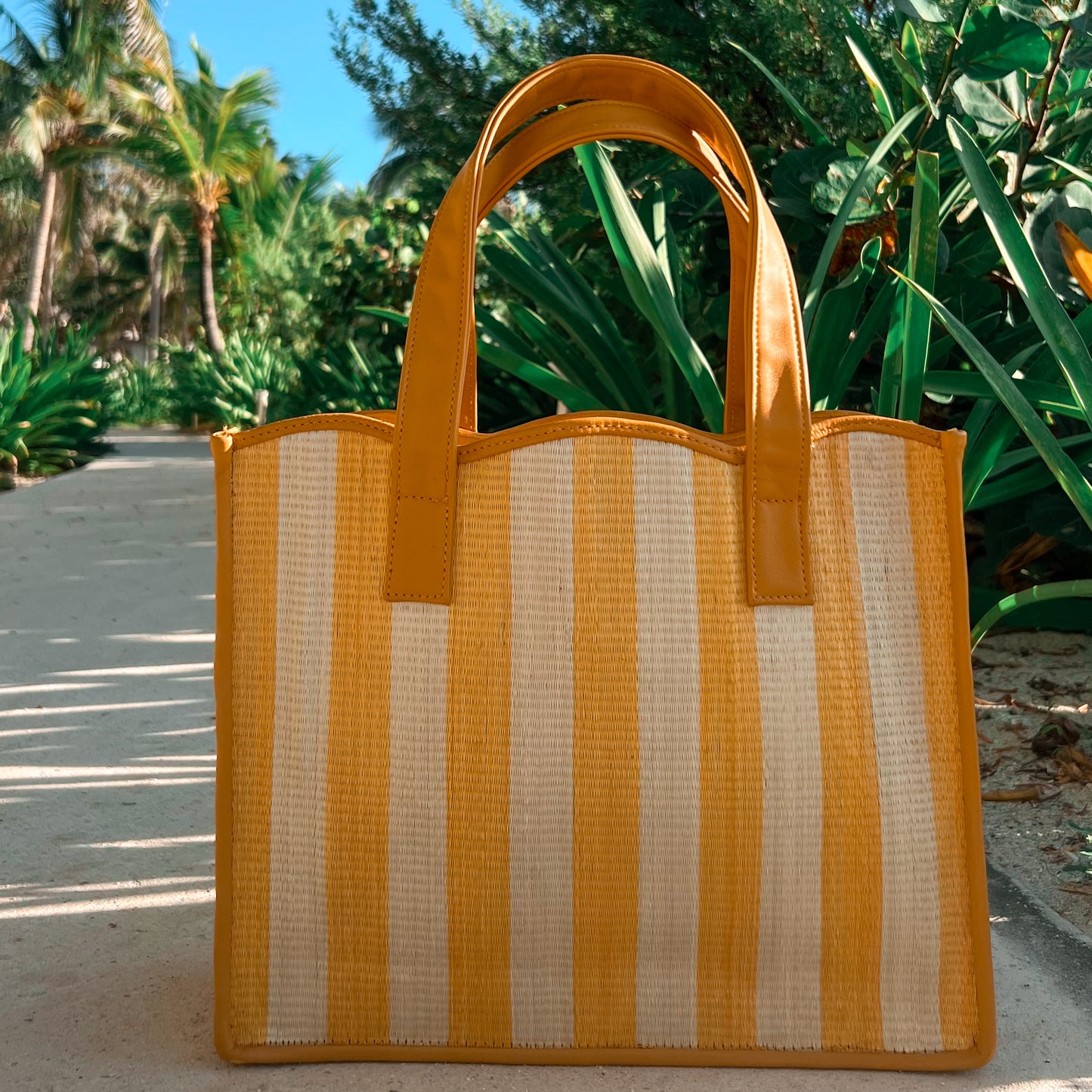 THE MARA Yellow & Cream Woven Straw & Leather Shopper Tote Bag
