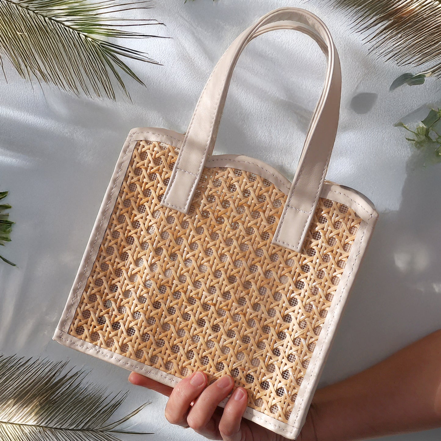 THE Isla Cream Leather & Woven Rattan Small Shopper Tote Bag