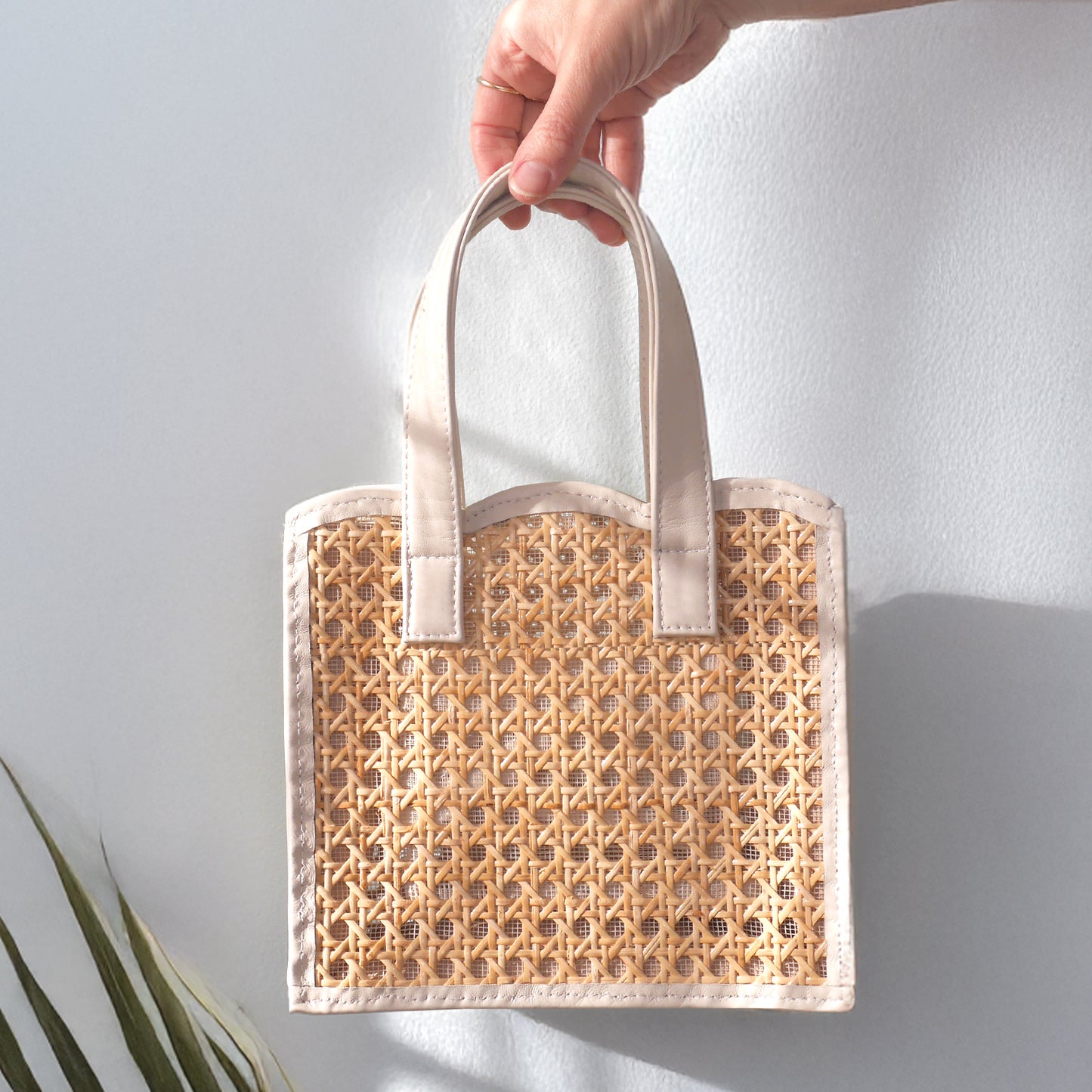 THE Isla Cream Leather & Woven Rattan Small Shopper Tote Bag