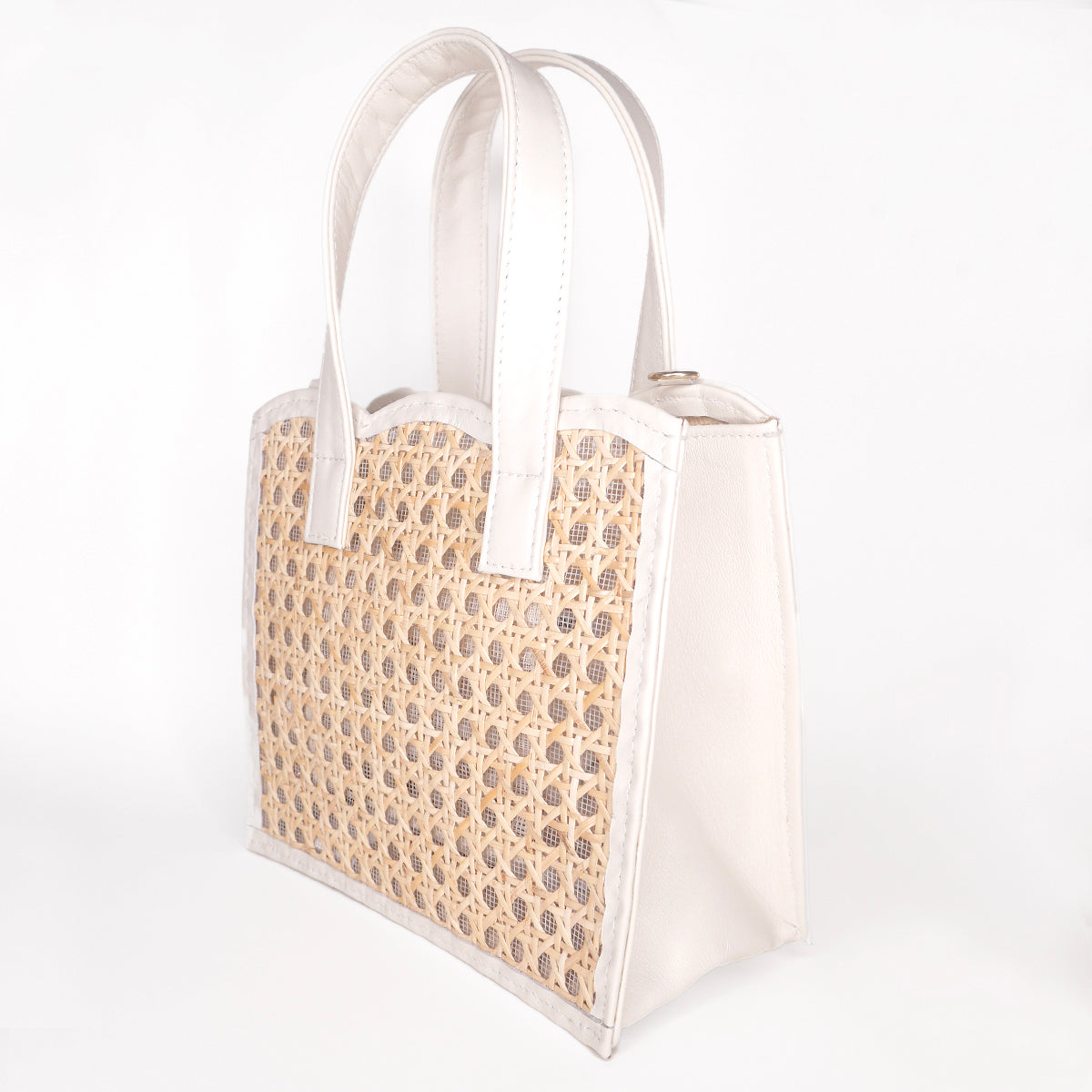 THE Isla Cream Leather & Woven Rattan Small Shopper Tote Bag