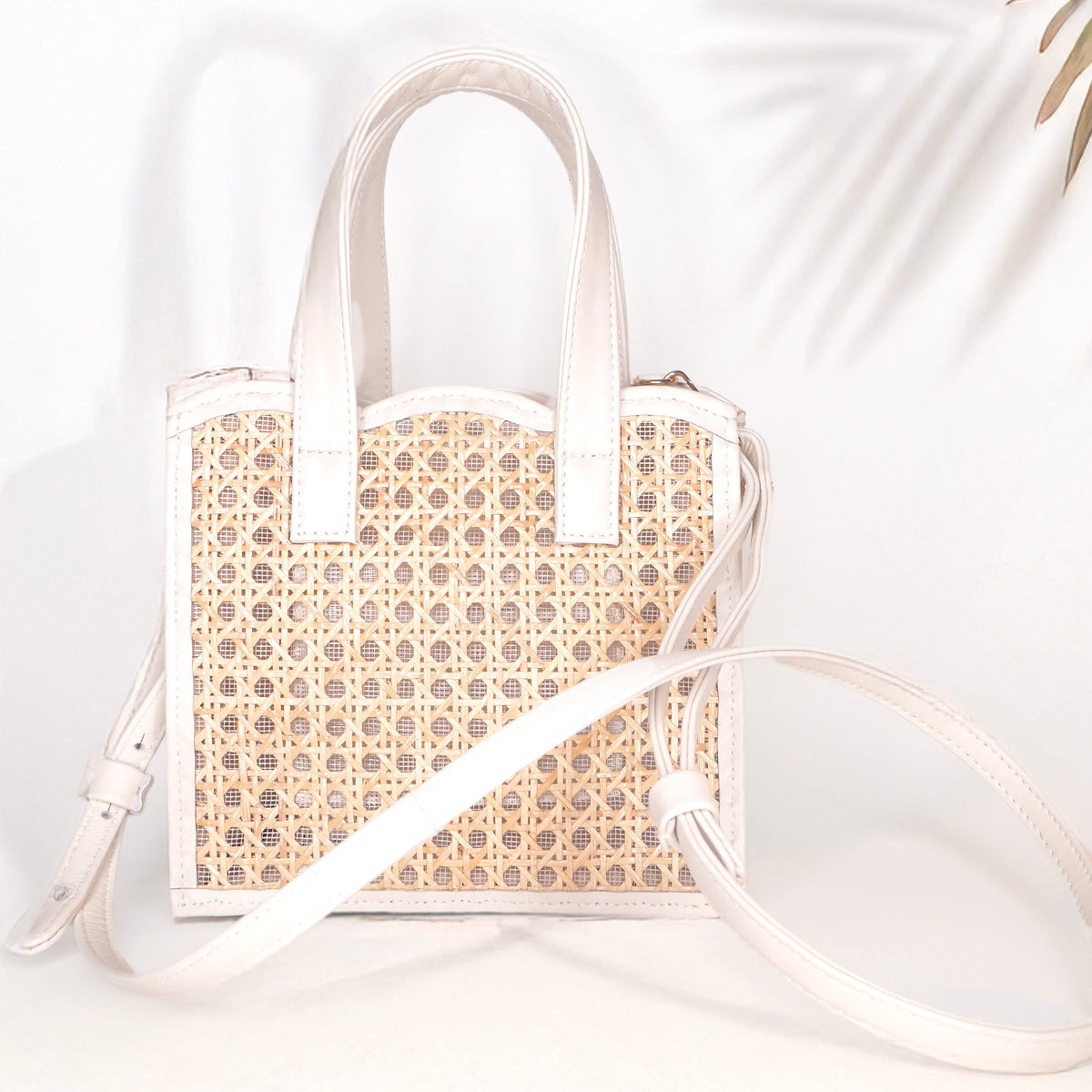 THE Isla Cream Leather & Woven Rattan Small Shopper Tote Bag
