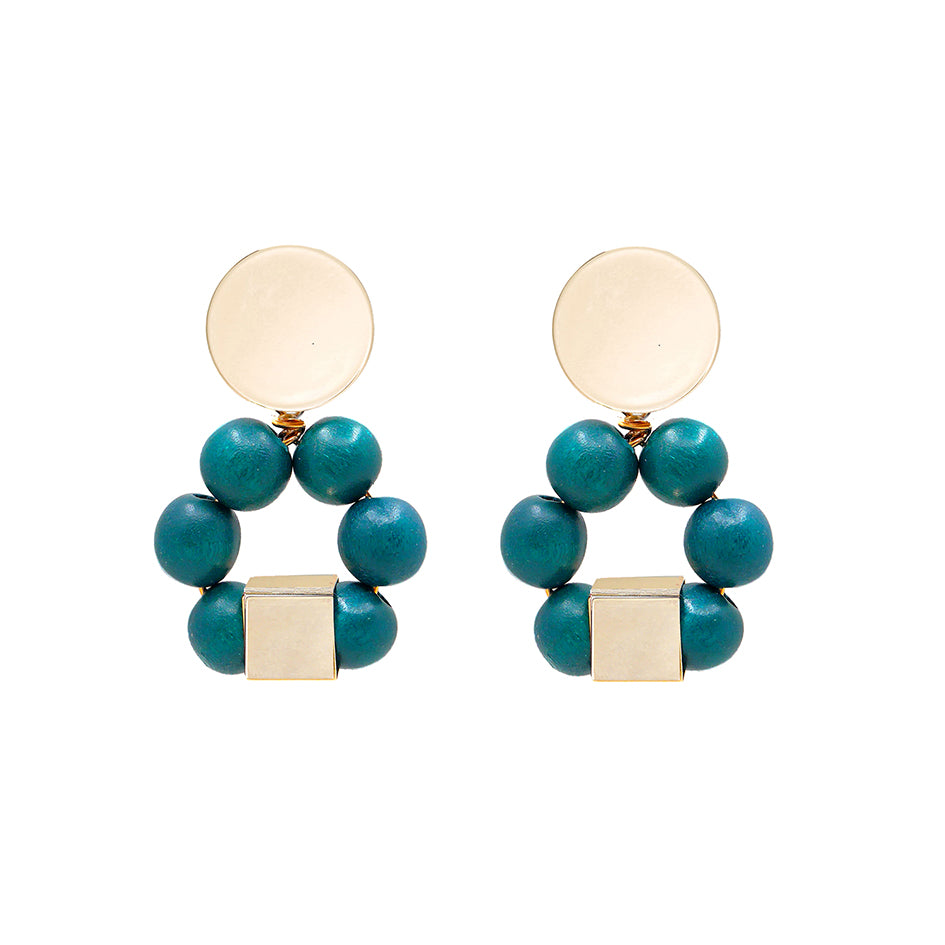 THE JENNA Teal Green Hand-Crafted Wooden Bead Statement Earrings
