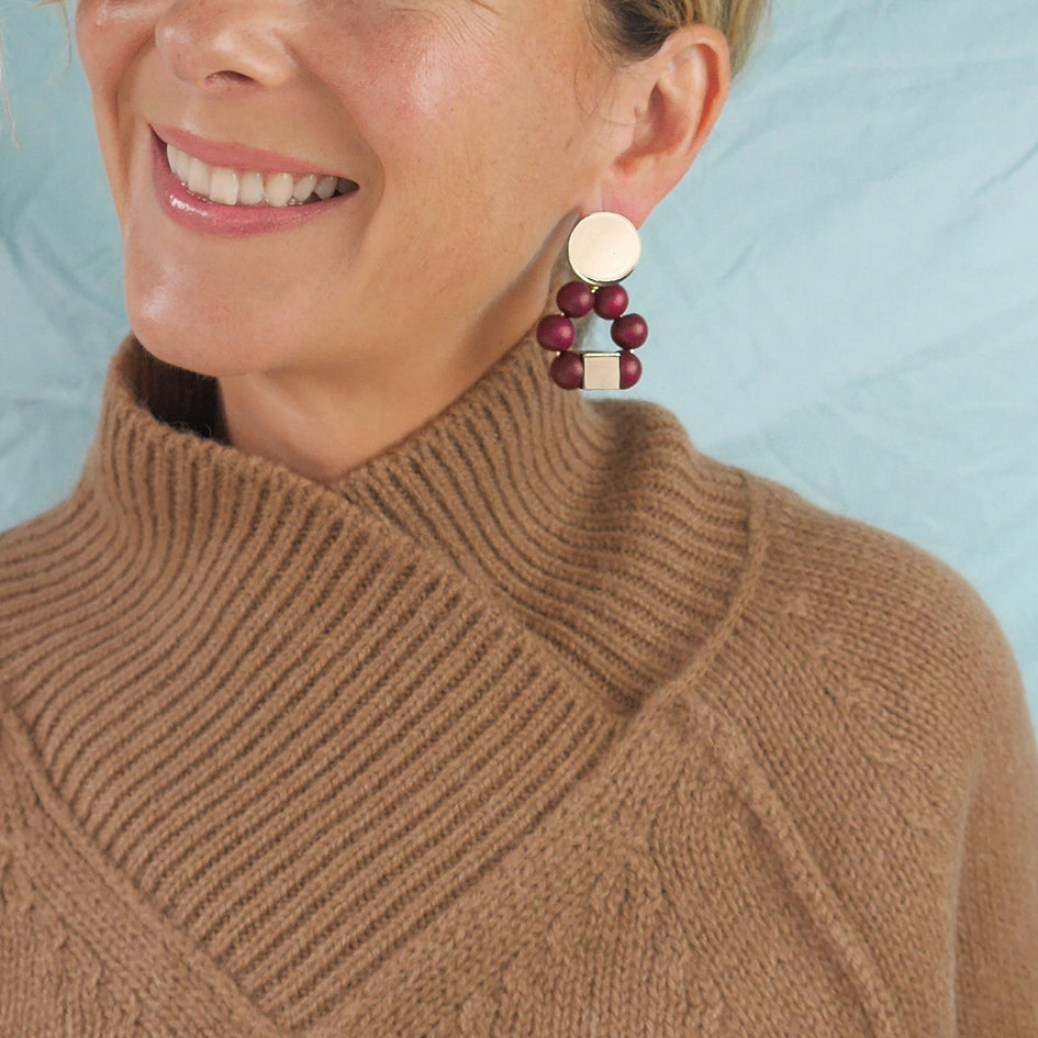 THE JENNA Maroon Hand-Crafted Wooden Bead Statement Earrings