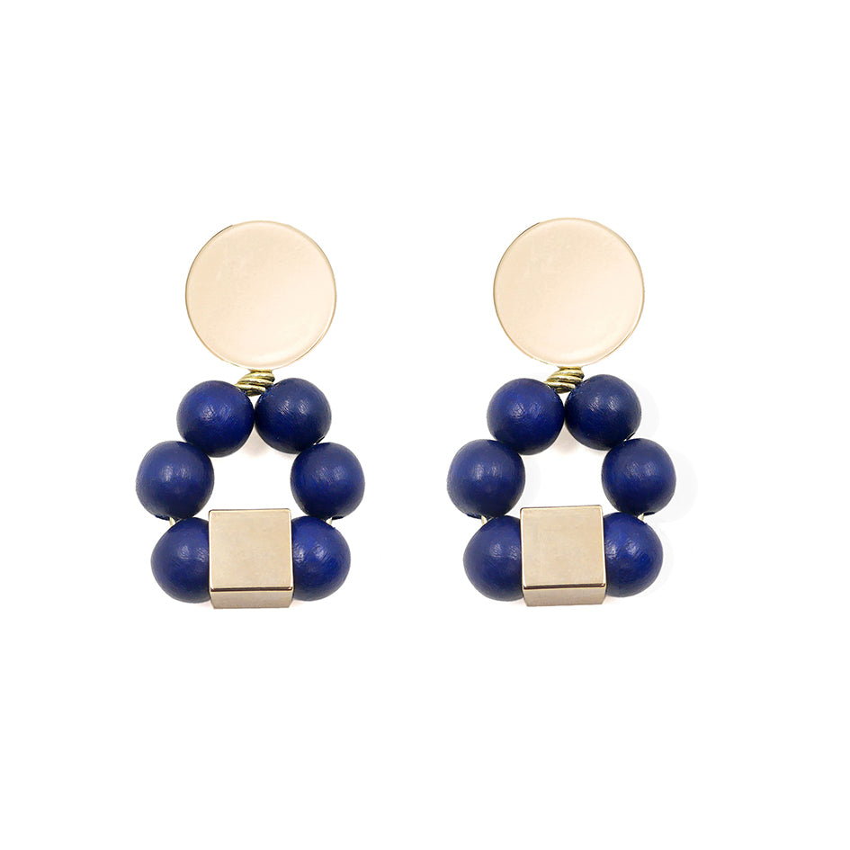 THE JENNA Navy Blue Hand-Crafted Wooden Bead Statement Earrings