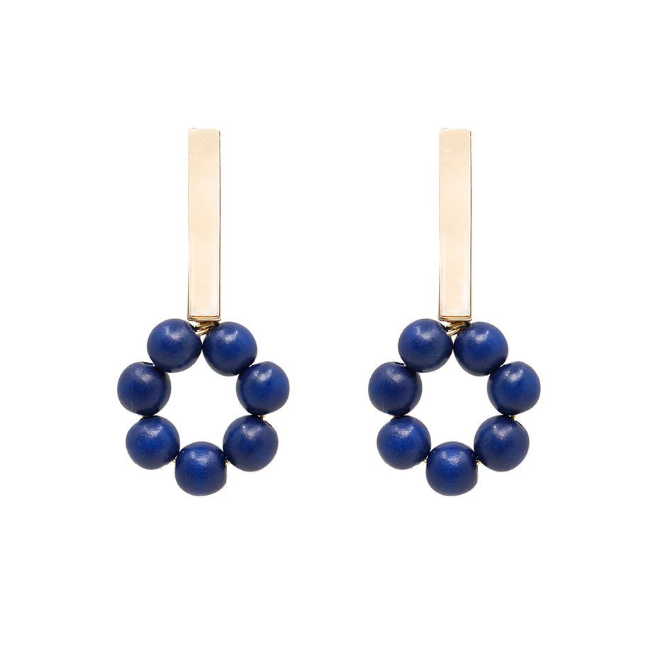 THE LILY Gold Bar & Navy Blue Wooden Bead Earrings