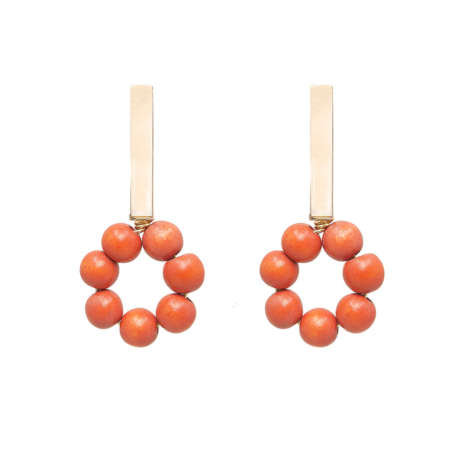 THE LILY Gold Bar & Orange Wooden Bead Earrings