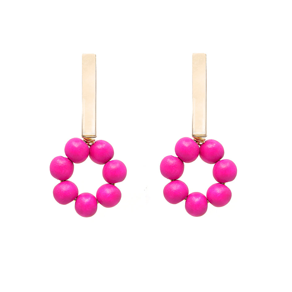 THE LILY Gold Bar & Pink Wooden Bead Earrings