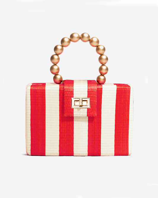 THE LOUISA Red & Cream Stripe Woven Straw Clutch Bag