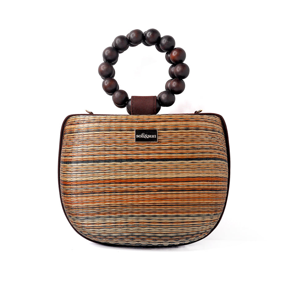 THE MARIA Brown & Tan Woven Straw Bead Top Handle Handbag