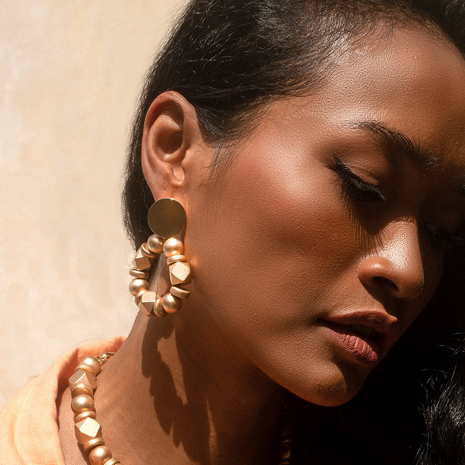 THE MAYA Gold Wooden Bead Statement Earrings