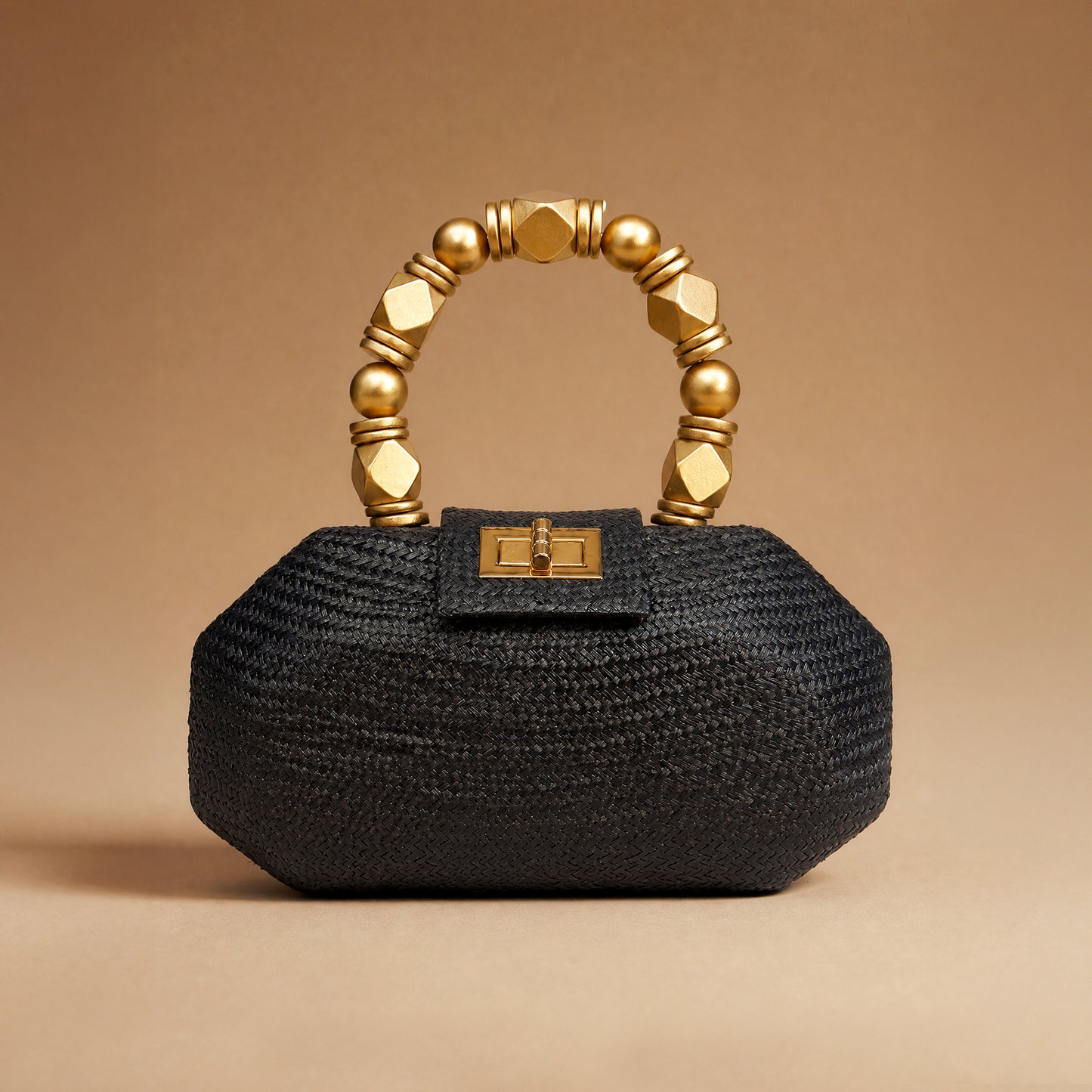 THE MELIA — Black Woven Straw Clutch with Beaded Top Handle