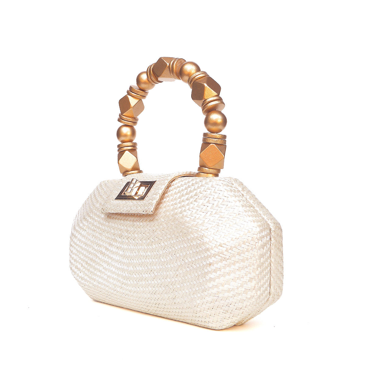 Side view of the Melia ivory woven straw evening bag with faceted structured body