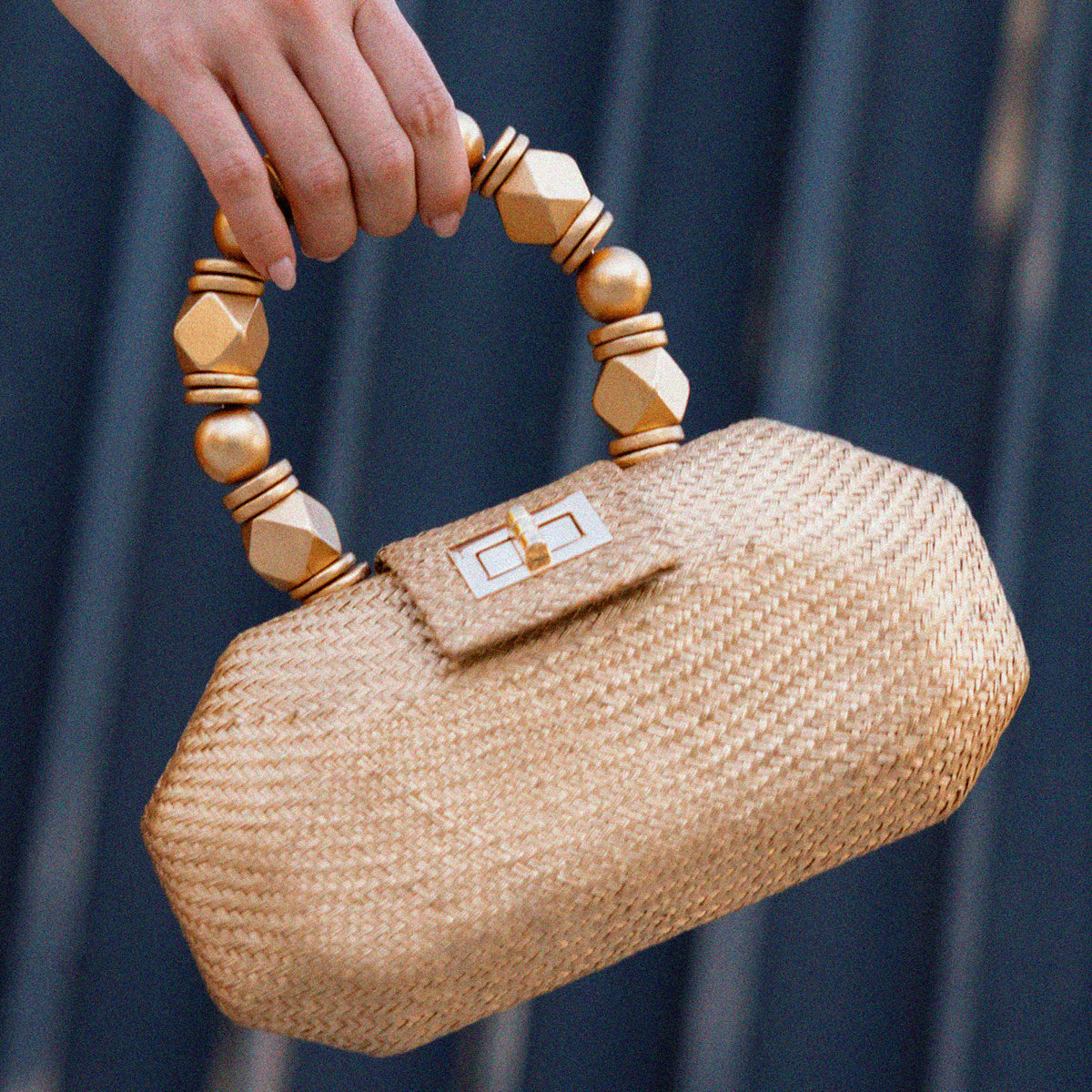 THE MELIA — Gold Woven Straw Clutch with Beaded Top Handle