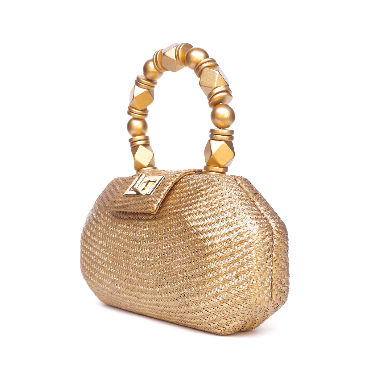 Side view of the Melia gold woven straw evening bag with faceted structured body