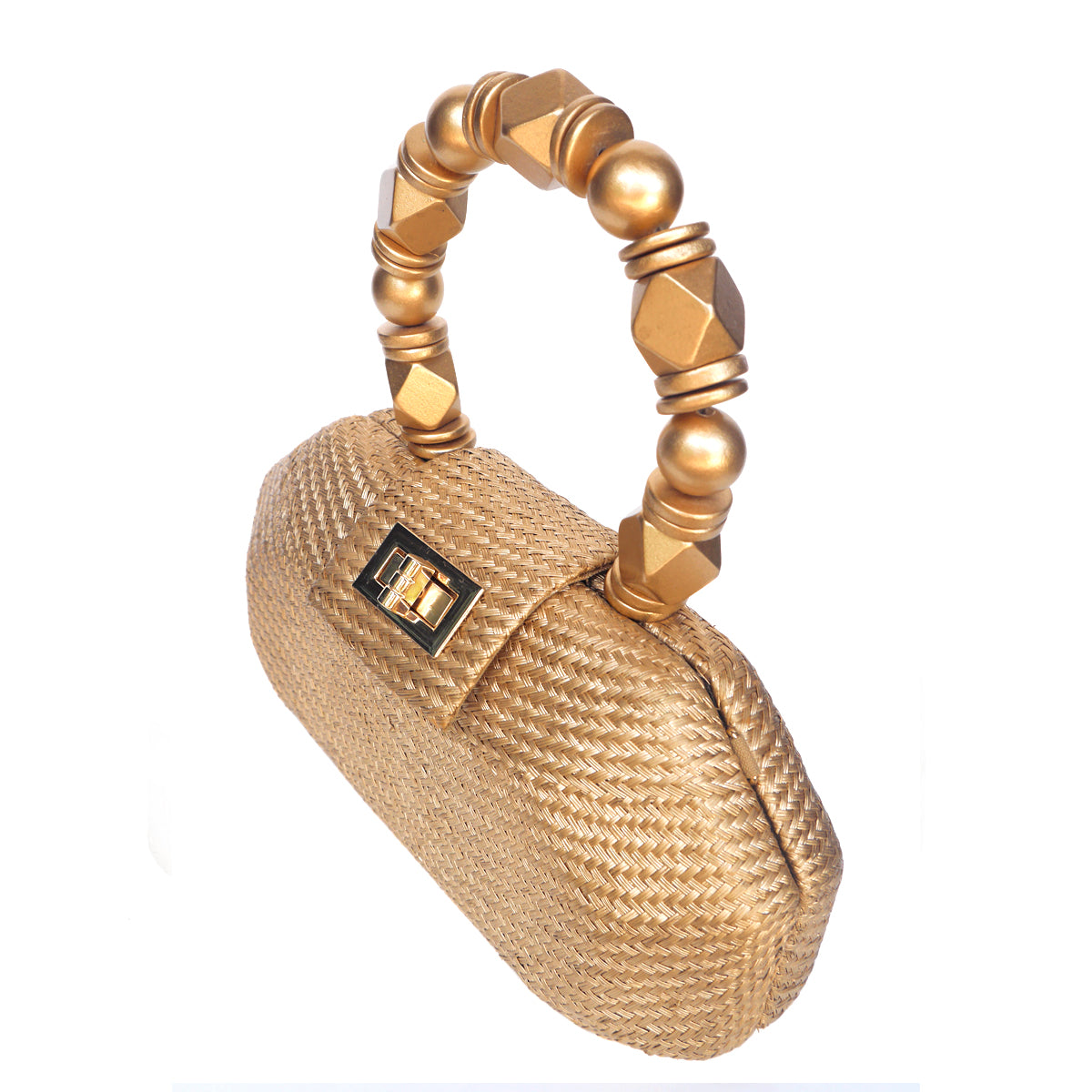 The Melia gold clutch shown from above, showing the beaded handle and turn-lock clasp