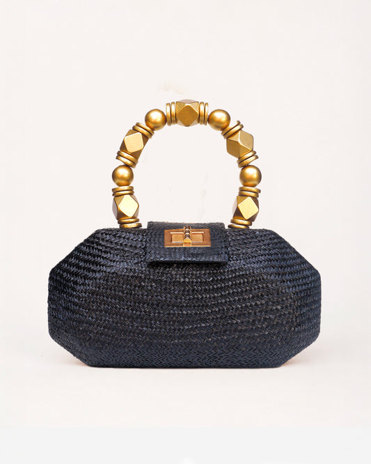 THE MELIA — Black Woven Straw Clutch with Beaded Top Handle