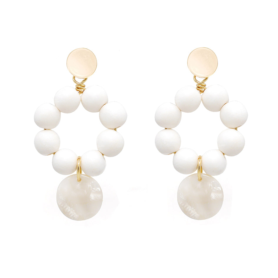 THE MILLY White Wooden Bead & Pearlized Charm Earrings