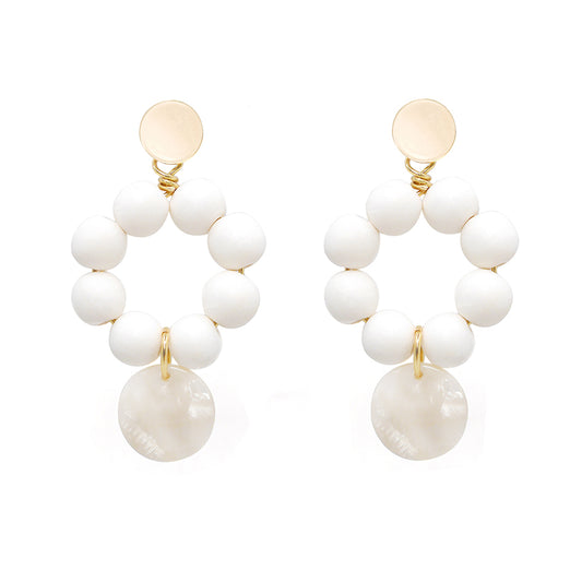 THE MILLY White Wooden Bead & Pearlized Charm Earrings
