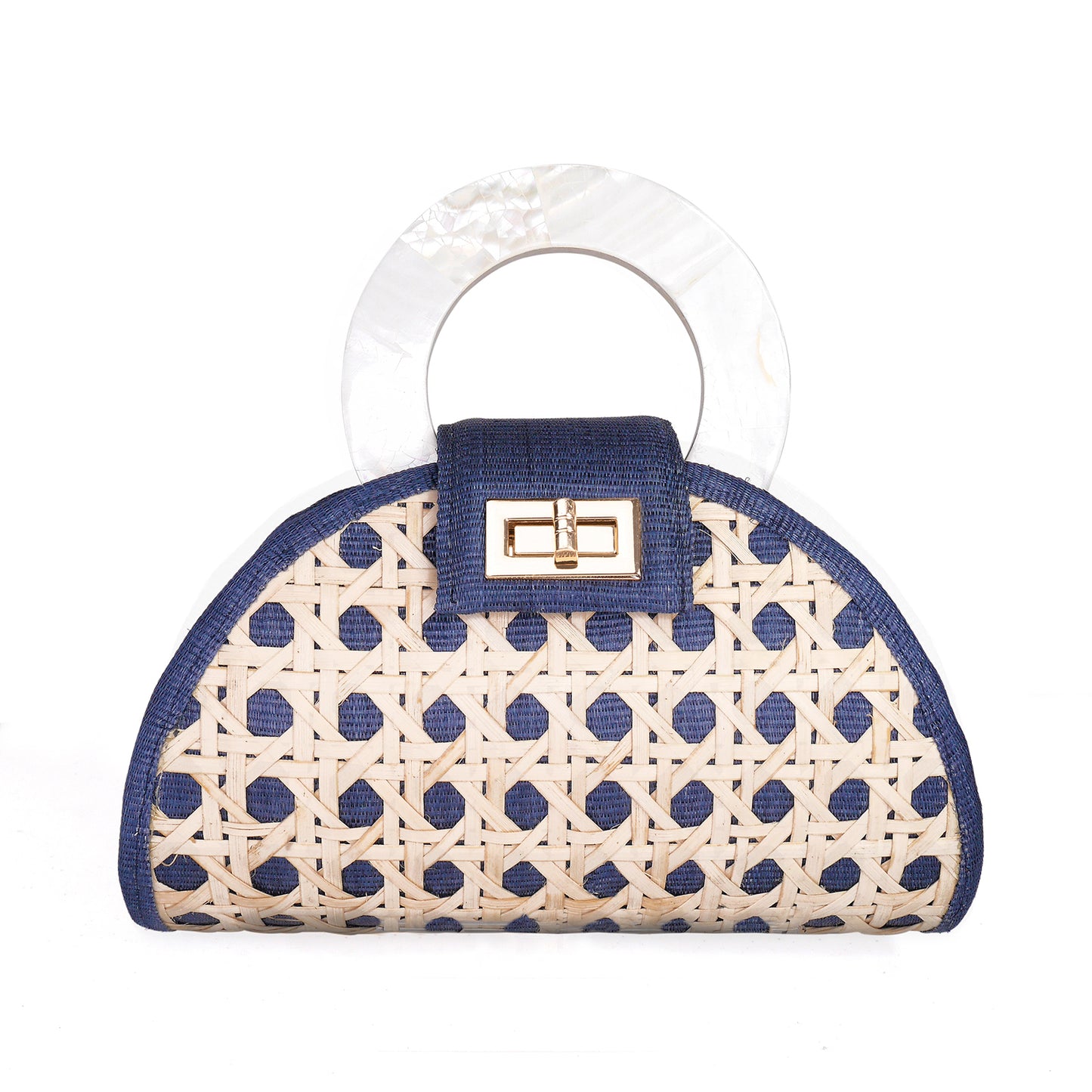 THE RUTHIE Navy Blue & Mother Of Pearl Rattan Woven Handbag