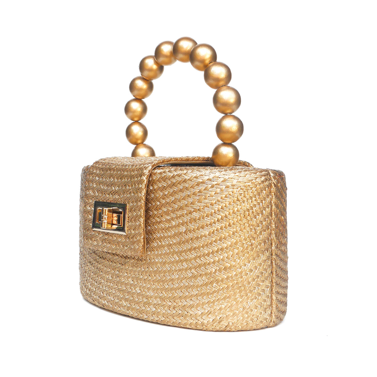 A small oval structured handbag with a woven straw-like body in warm gold tones, a rounded top handle made of large metallic gold beads, and a small front flap with a gold-tone logo plaque, shown on a plain white background.