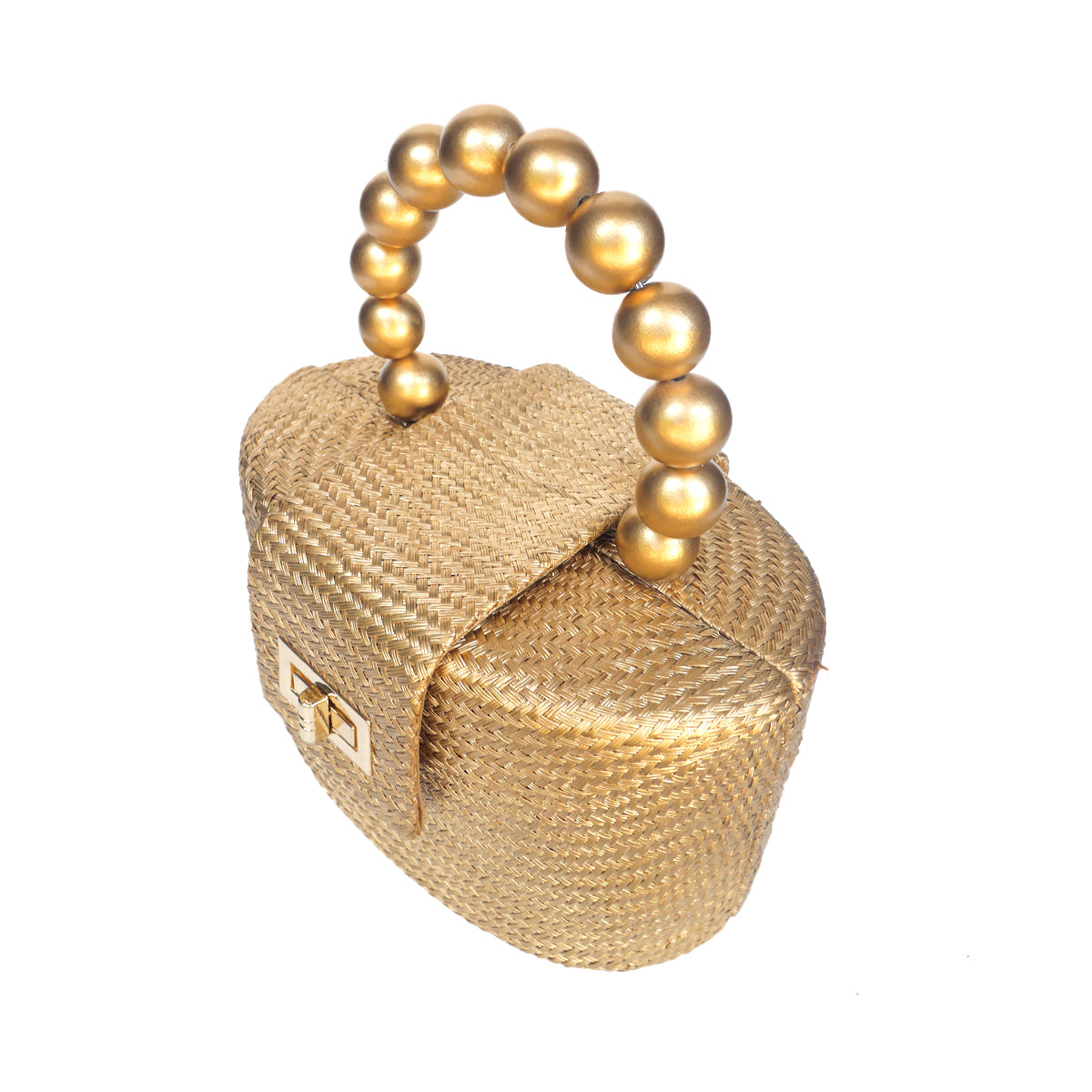 A small woven clutch handbag in a metallic gold finish, featuring a curved top handle made of large glossy gold beads and a small gold clasp on the front, set against a plain white background.