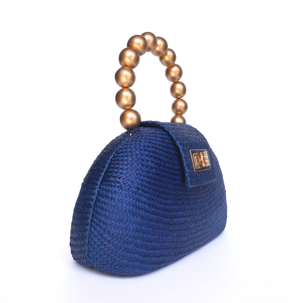 THE ORLA Navy Blue Woven Straw & Gold Bead Statement Clutch Bag