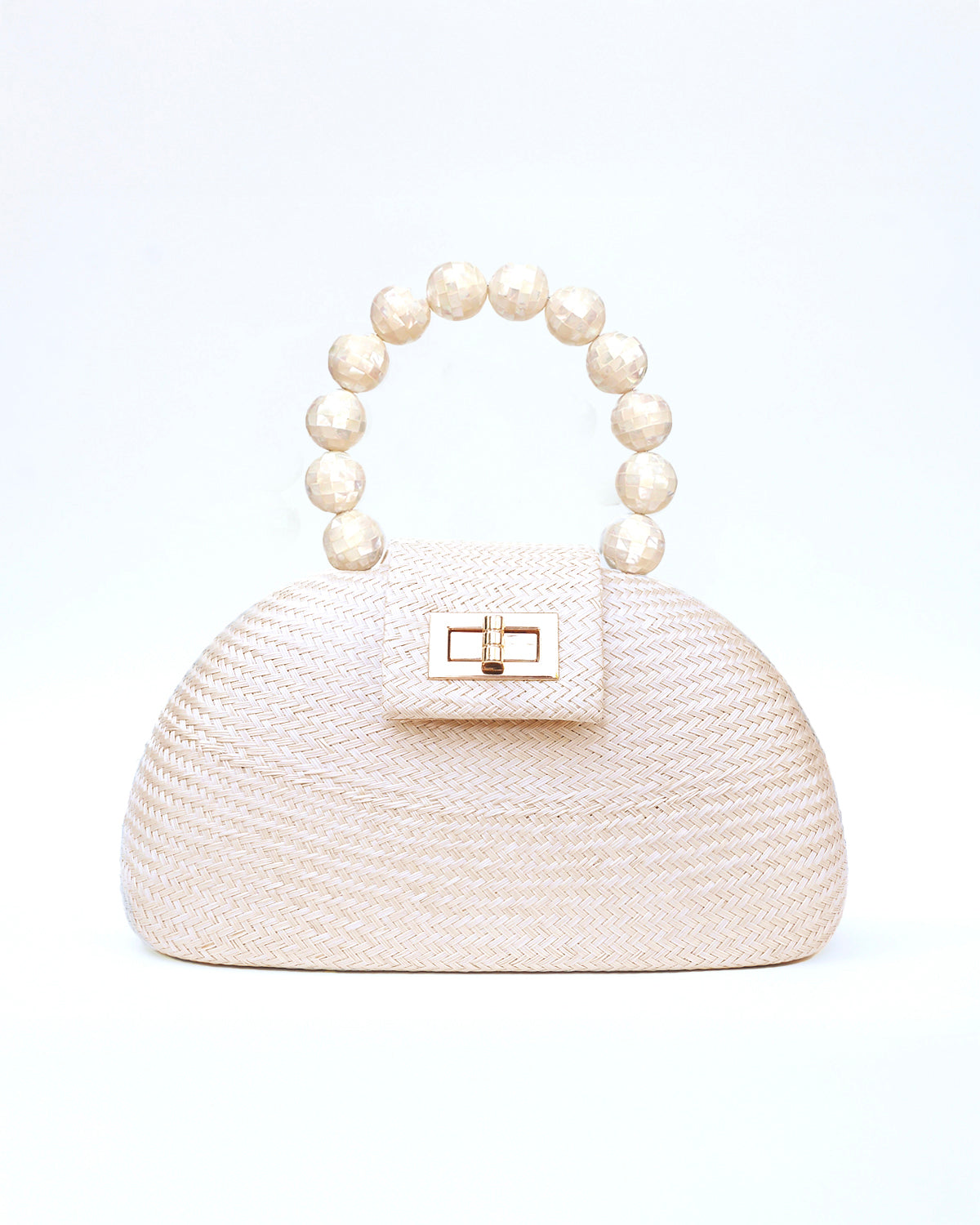 THE ORLA Cream Woven Straw & Shell Pearl Bead Statement Clutch Bag