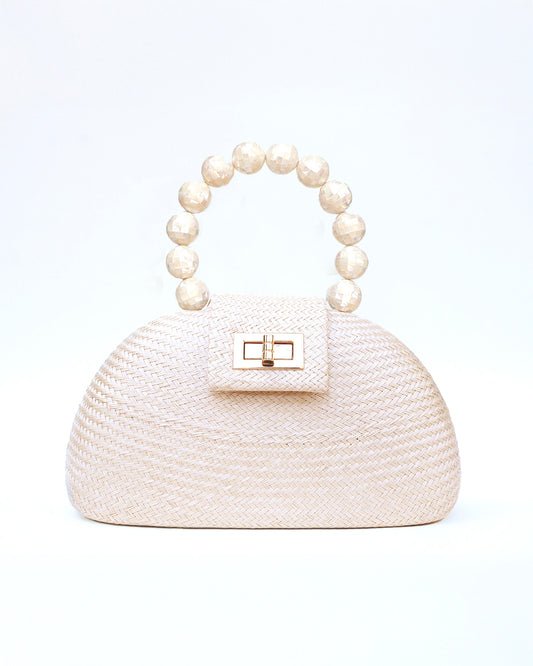 THE ORLA Cream Woven Straw & Shell Pearl Bead Statement Clutch Bag