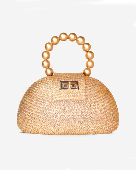 THE ORLA Gold Woven Straw & Wooden Bead Statement Clutch Bag