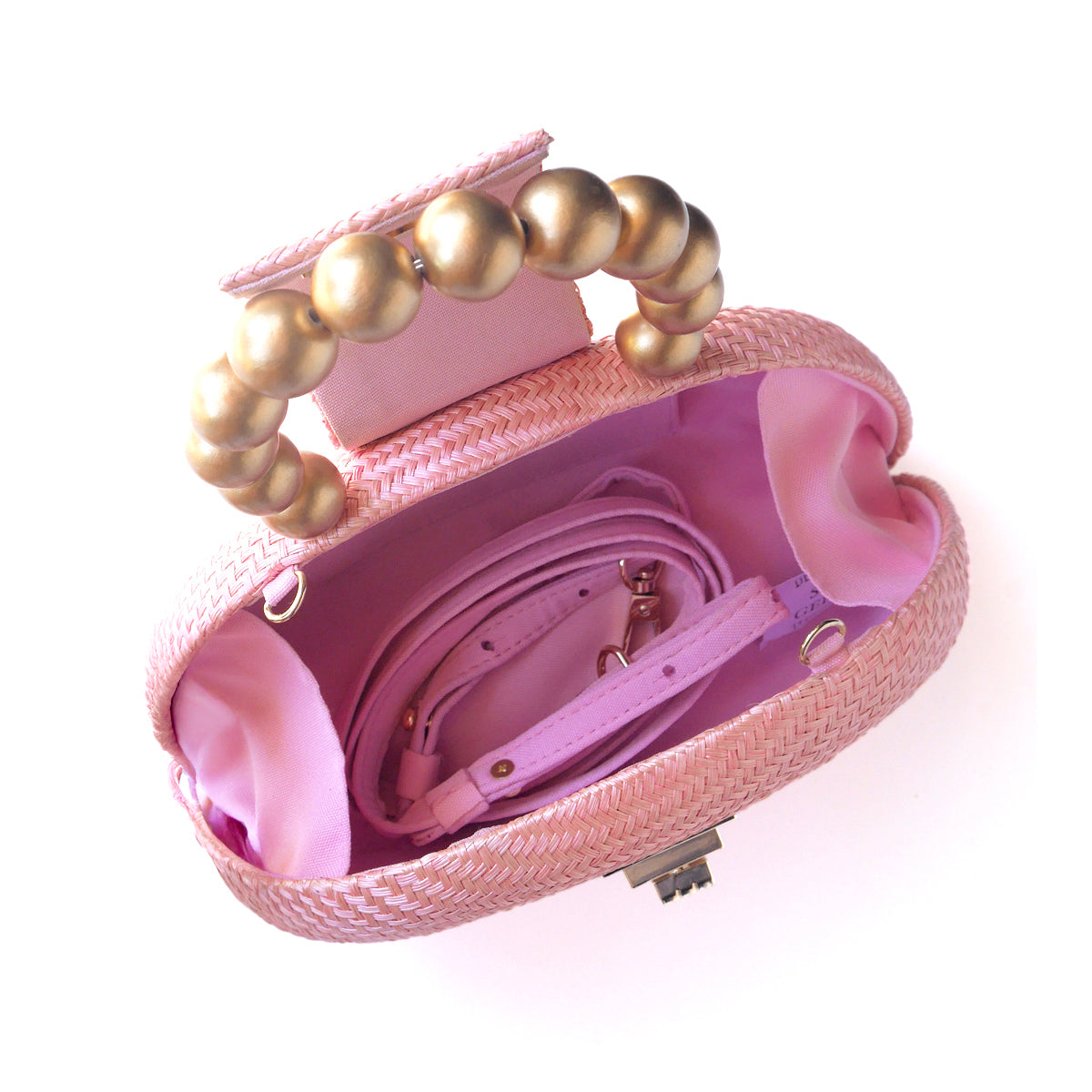 THE ORLA Light Pink Woven Straw & Gold Bead Statement Clutch Bag