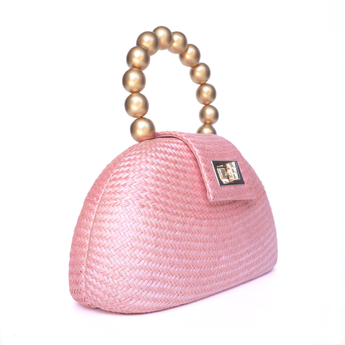 THE ORLA Light Pink Woven Straw & Gold Bead Statement Clutch Bag