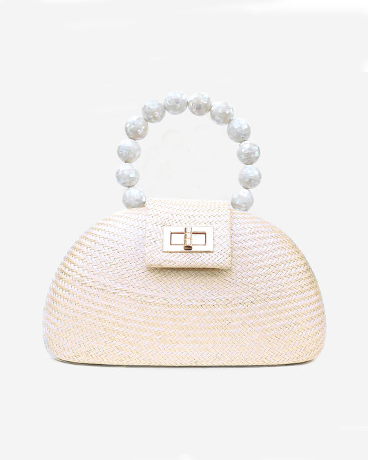 THE ORLA Cream Woven Straw & Shell Pearl Bead Statement Clutch Bag