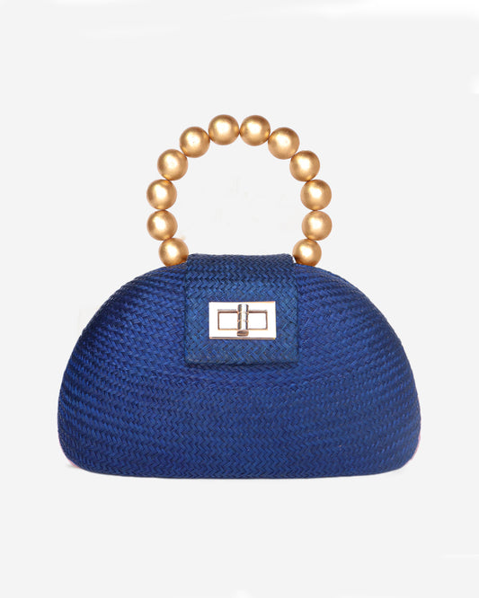 THE ORLA Navy Blue Woven Straw & Gold Bead Statement Clutch Bag