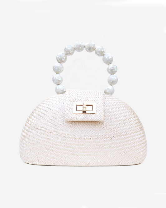 THE ORLA Cream Woven Straw & Shell Pearl Bead Statement Clutch Bag