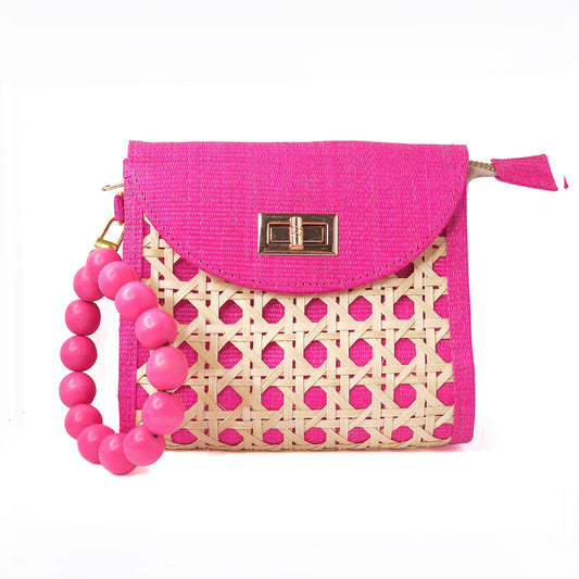 THE DAVINA Pink Rattan Woven Wristlet Purse