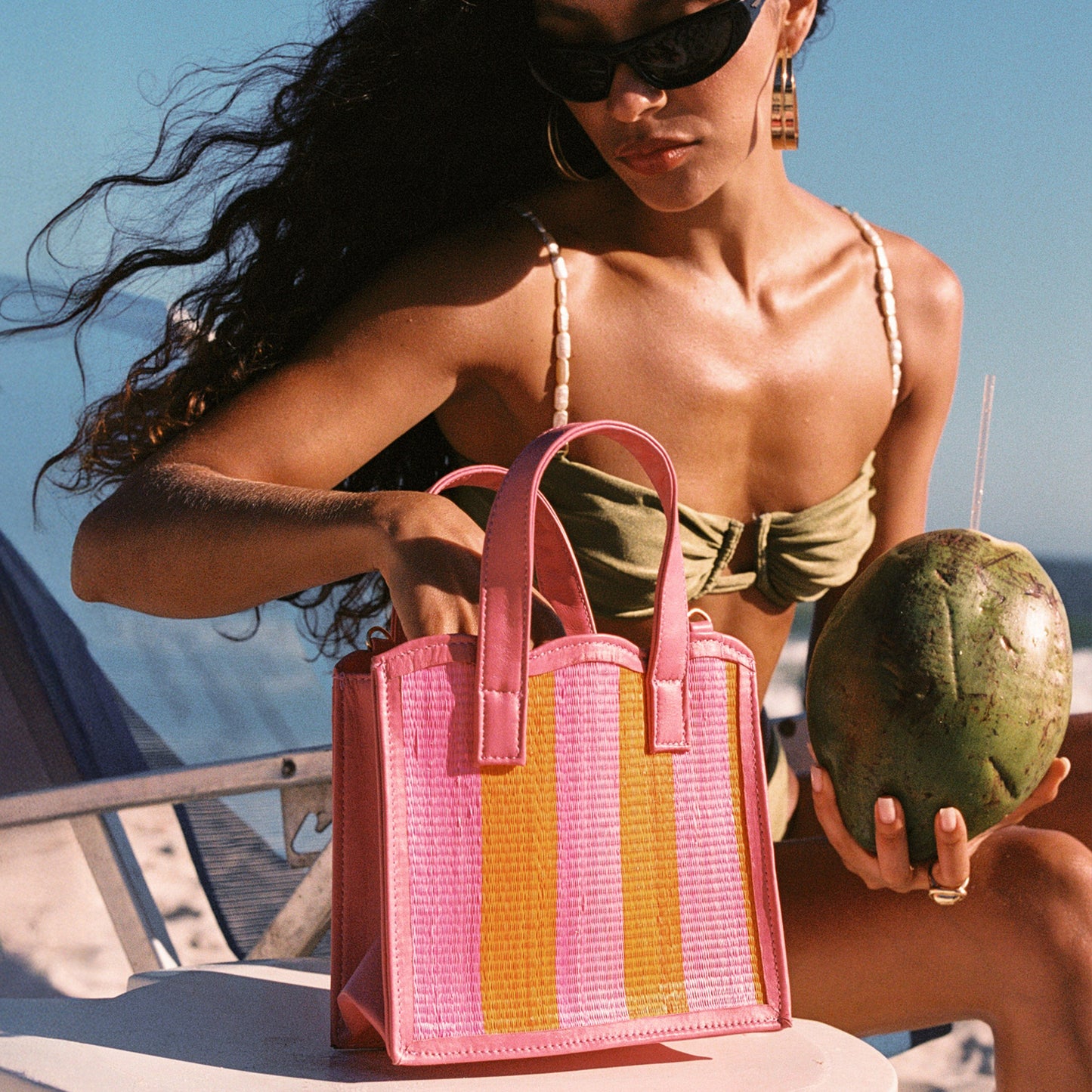 THE Nina Pink & Orange Woven Straw & Leather Small Shopper Tote Bag