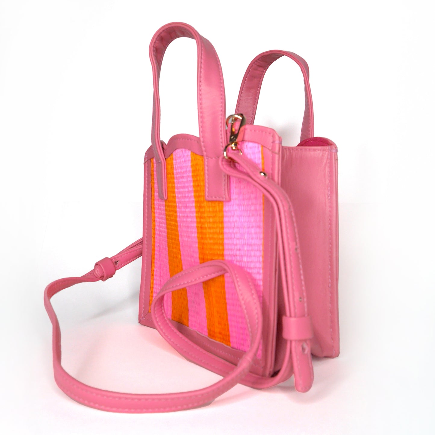 THE Nina Pink & Orange Woven Straw & Leather Small Shopper Tote Bag