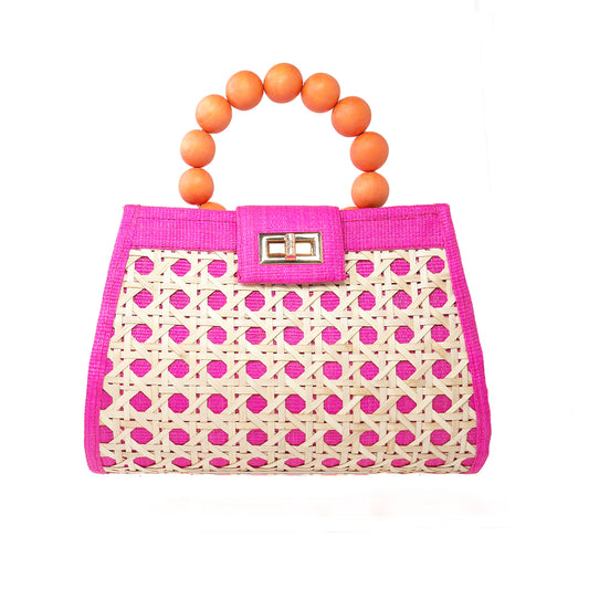 THE LAUREN Pink & Orange Rattan Woven Tote Handbag