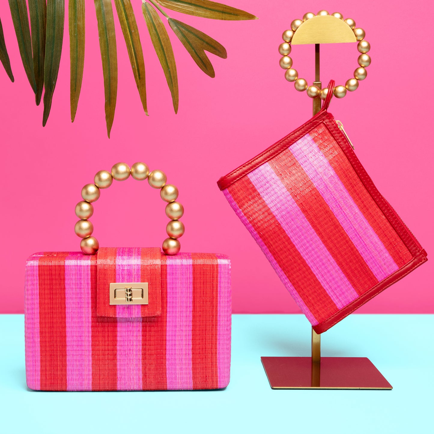 THE HAILEY Red & Pink Stripe Wristlet Pouch Luxe Woven Wristlet Pouch