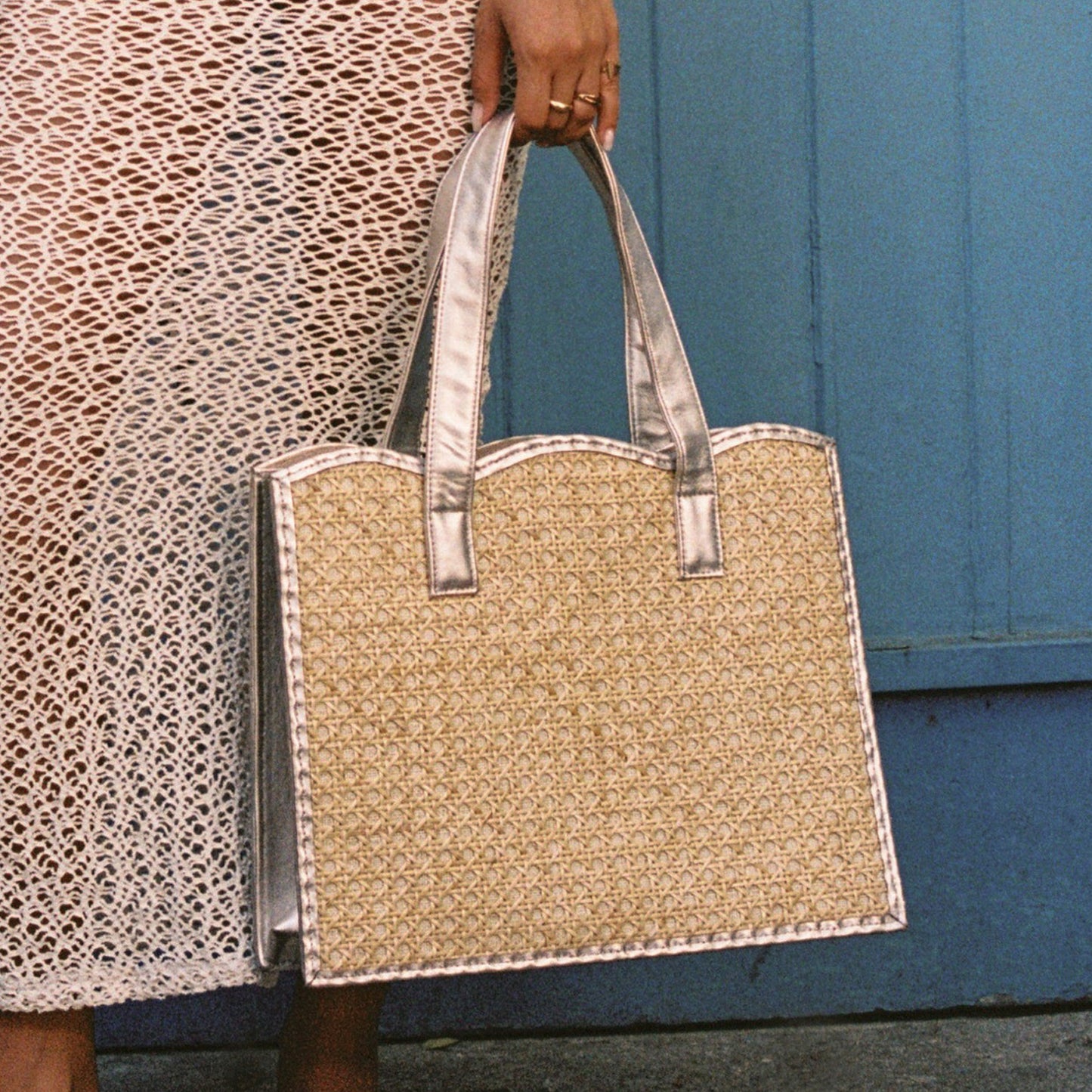 THE JESSICA Woven Rattan & Gold Leather Shopper Tote Bag