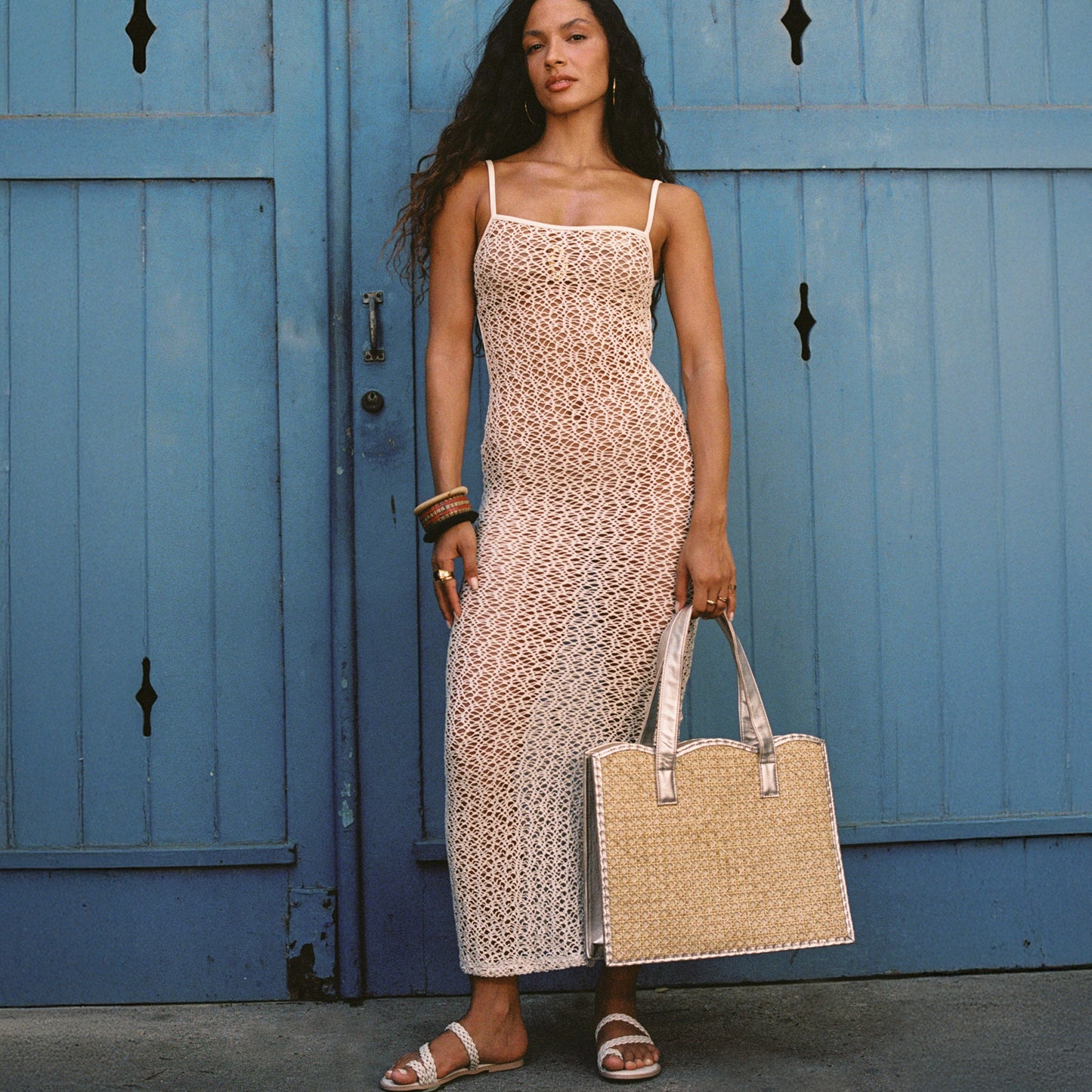 THE JESSICA Woven Rattan & Gold Leather Shopper Tote Bag