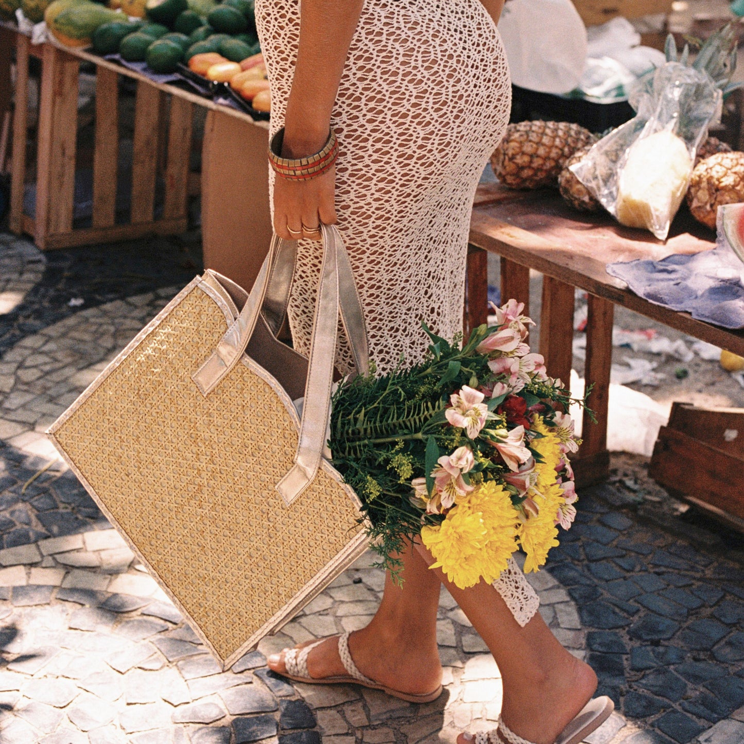 THE JESSICA Woven Rattan & Gold Leather Shopper Tote Bag