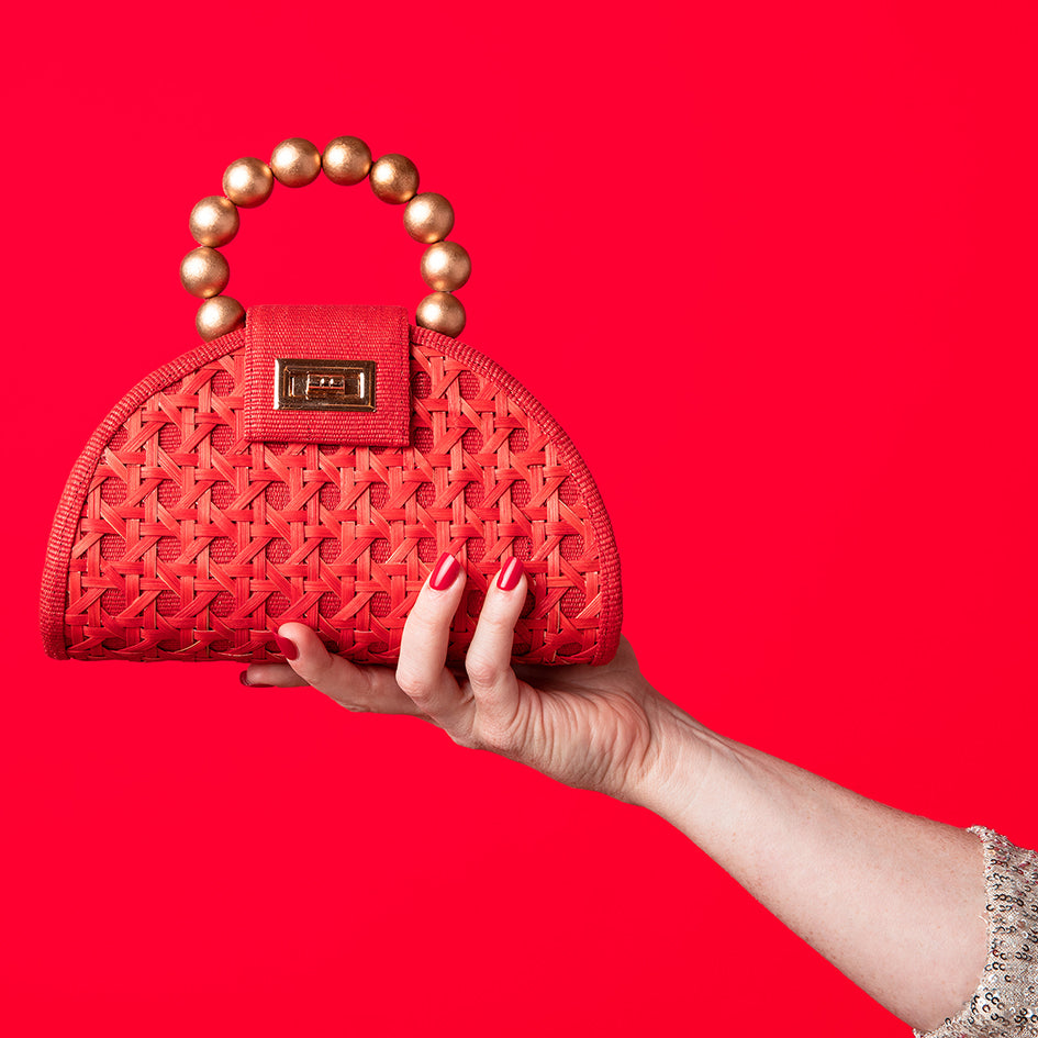 THE BELLA Red & Gold Rattan Woven Handbag