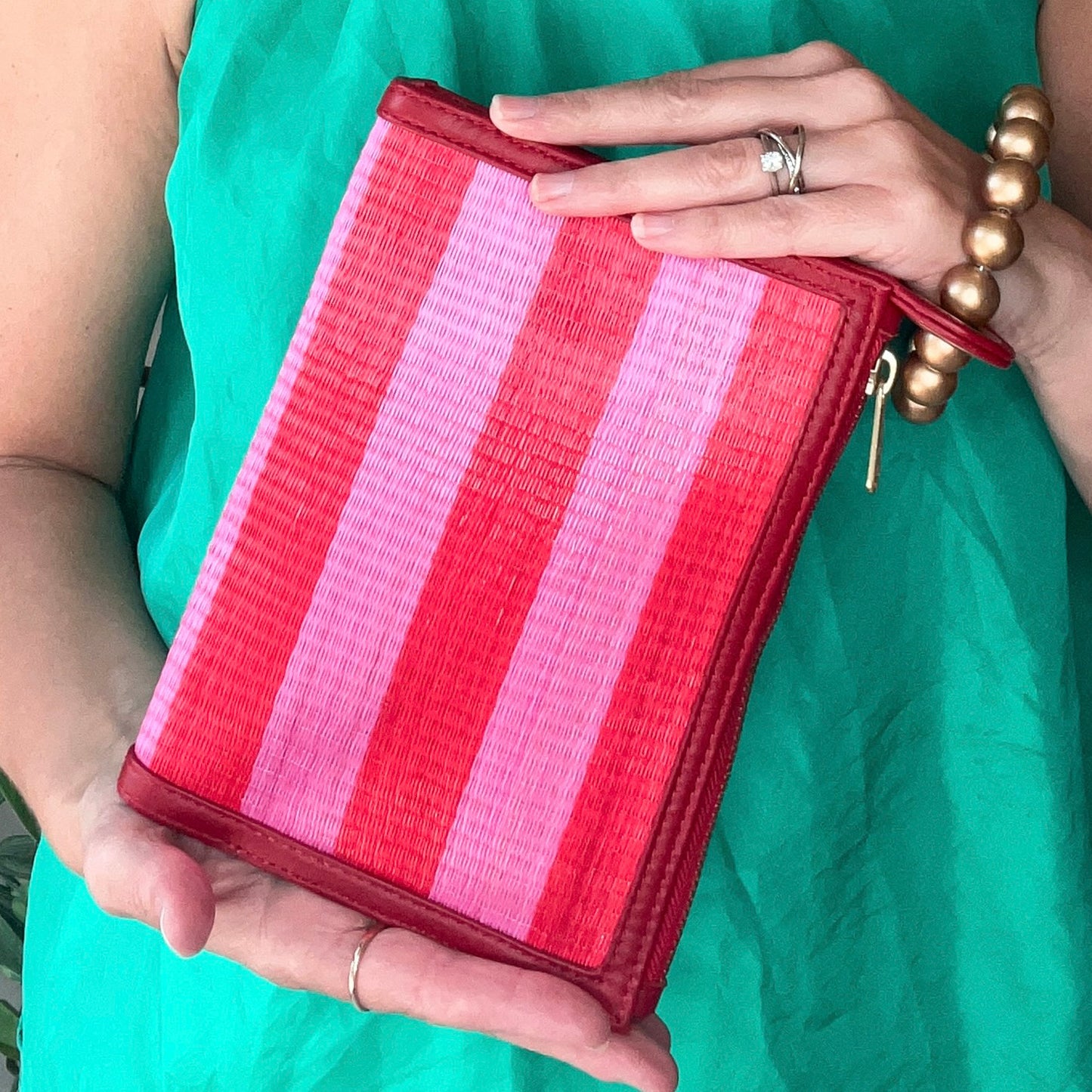 THE HAILEY Red & Pink Stripe Wristlet Pouch Luxe Woven Wristlet Pouch