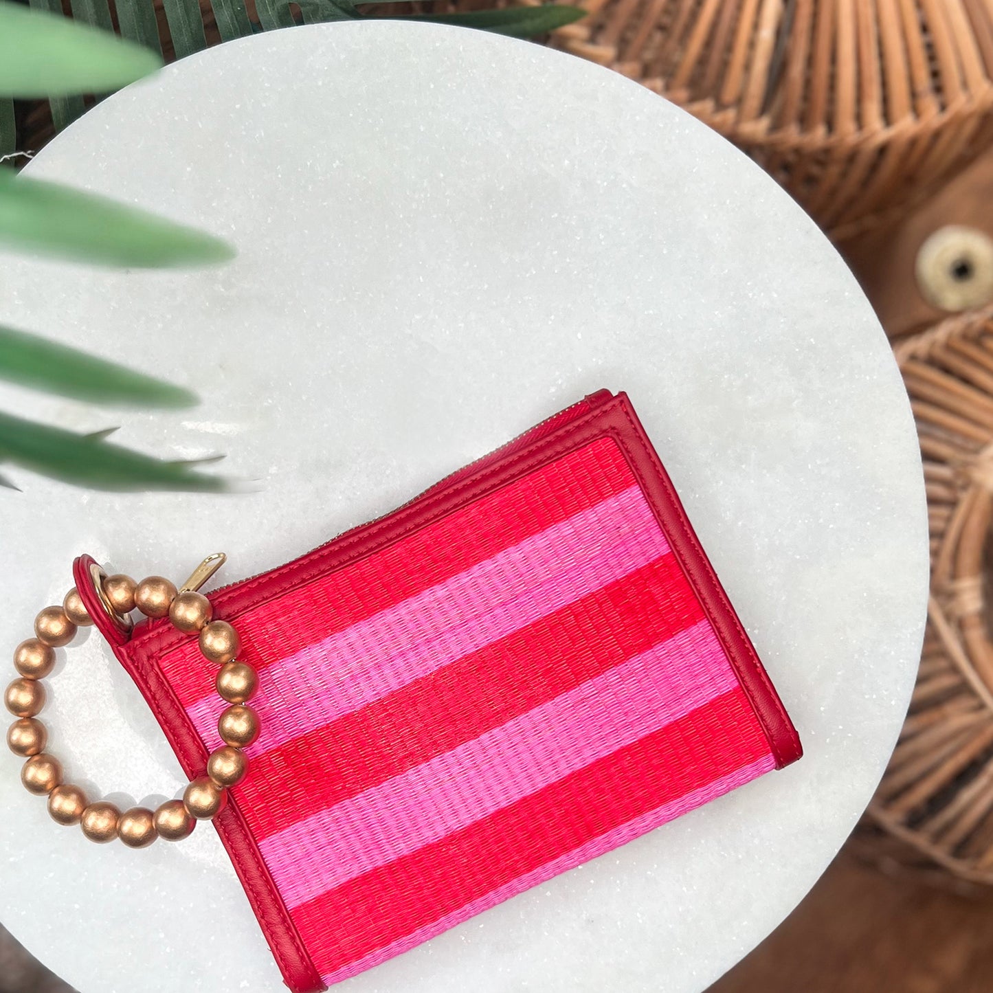 THE HAILEY Red & Pink Stripe Wristlet Pouch Luxe Woven Wristlet Pouch